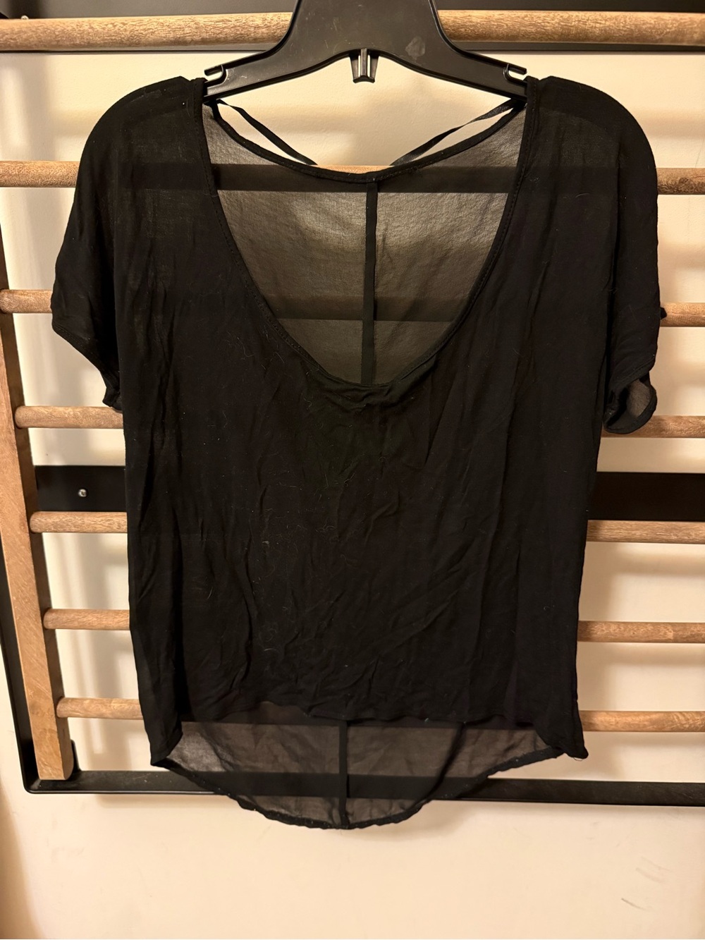 Black Short Sleeve Scoop Neck Top with Sheer Scoop Back